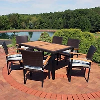 Outdoor Rattan and Acacia Wood Carlow Patio Dining Set with Table, Chairs, Seat Cushions - 7pc