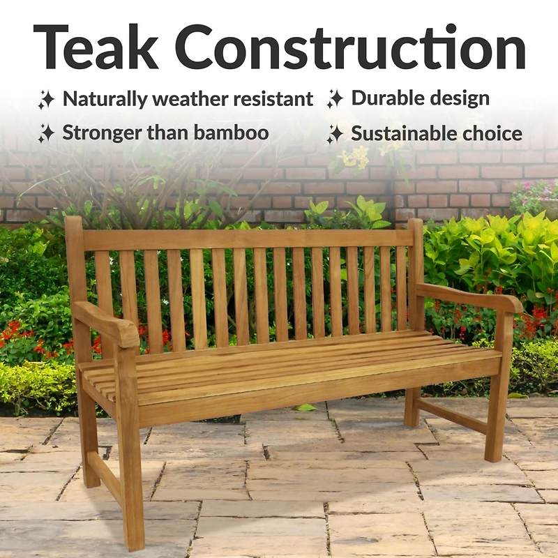 Outdoor Solid Teak Wood with Light Stained Finish Patio Garden Bench Seat - 60" - Light Brown
