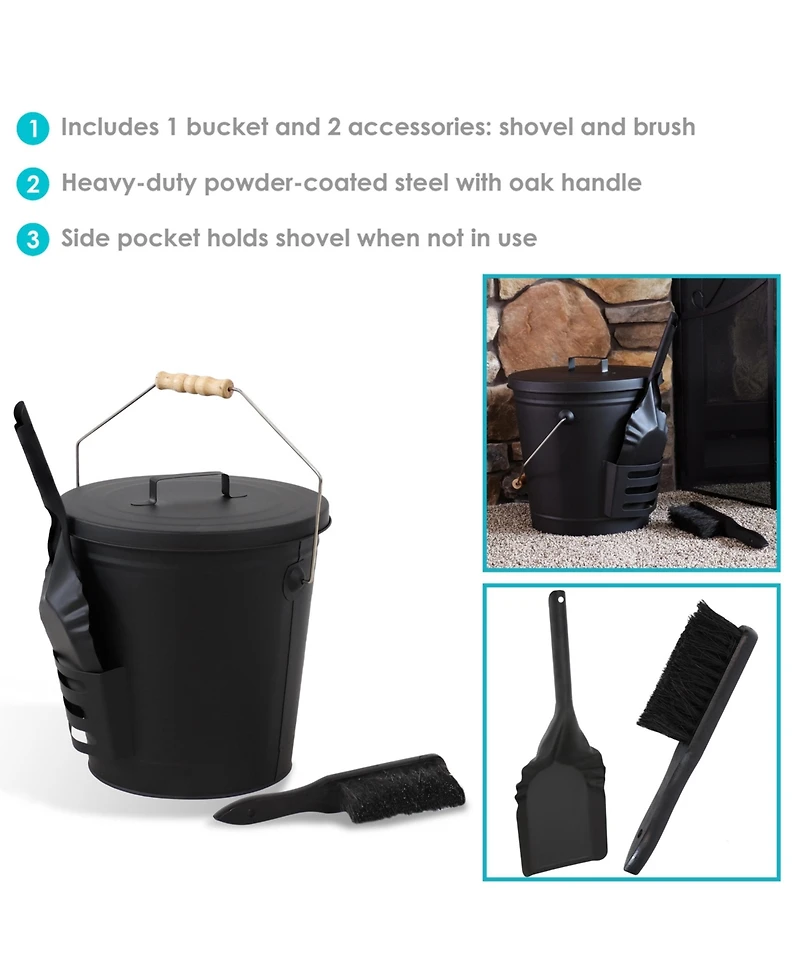 Steel Fireplace Ash Bucket with Lid, Shovel and Brush
