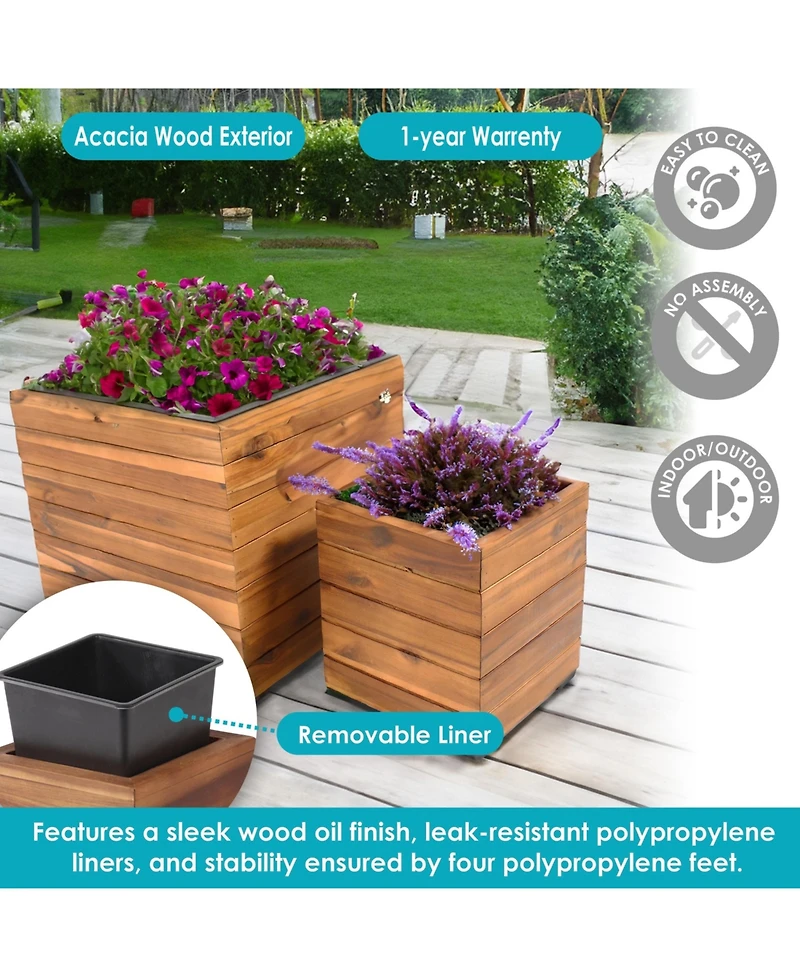 Indoor/Outdoor Square Acacia Wood Planter Box with Plastic Liner - 2pk