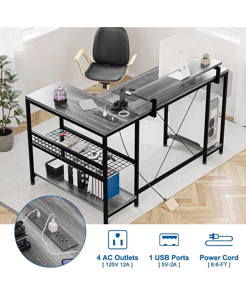 gaomon L Shaped Computer Desk with Power Outlets & Led Light
