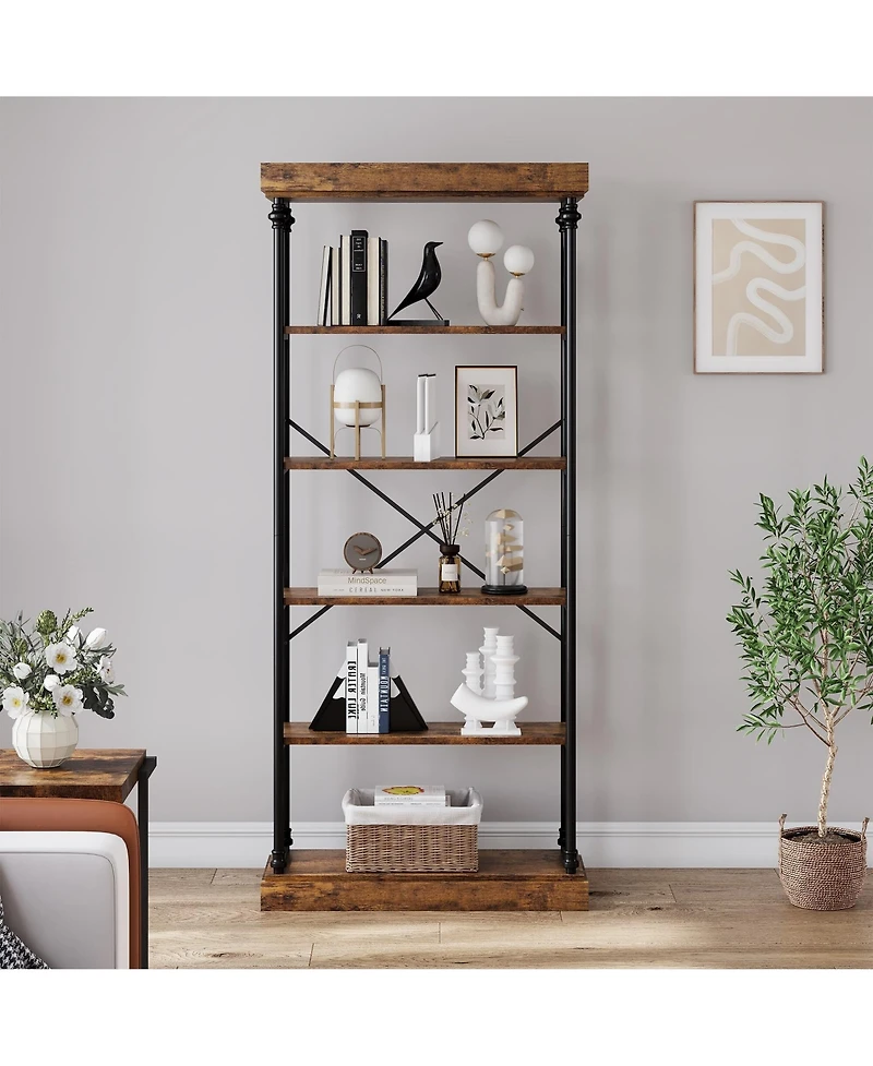 gaomon Bookshelf Industrial Bookcase Wooden Storage Open Rack Shelf with Metal Frame