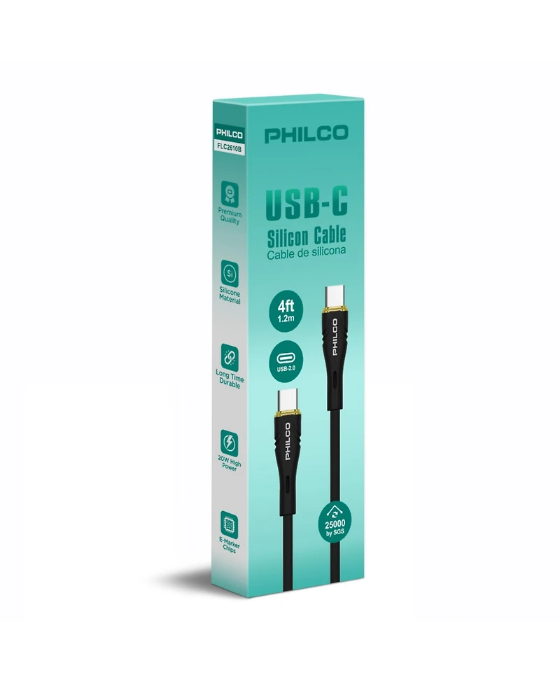 Philco C To Type Cable, Silicone, 4Ft Length, 20W Fast Charging, High-Speed Data Transfer, Compatible with Usb-c Devices, Tangle Free.