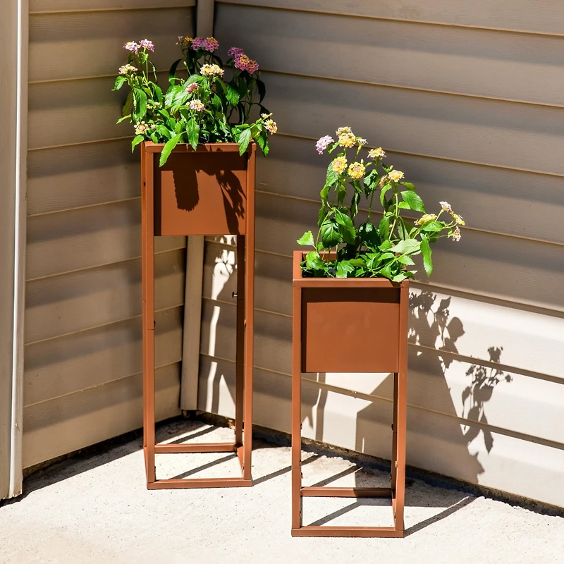 Modern Simplicity Cold-Rolled Steel Outdoor Elevated Planter - Set of 2 - 8.25" Square x 19.75" H and 27" H