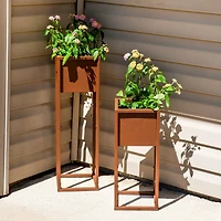 Modern Simplicity Cold-Rolled Steel Outdoor Elevated Planter - Set of 2 - 8.25" Square x 19.75" H and 27" H
