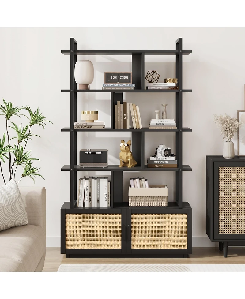 gaomon 5 Tier Rattan Bookshelf with Storage Cabinet & Door