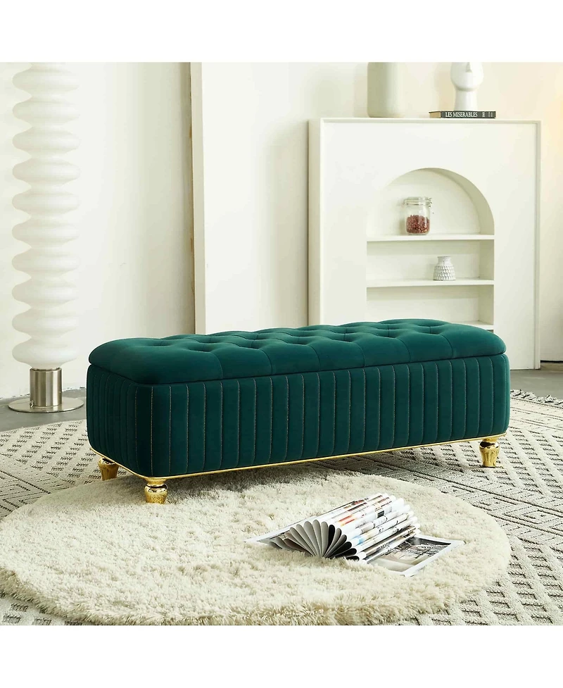 47.24" W Velvet Storage Ottoman Bench with Gold Embroidery, Modern Footstool for Living Room & Bedroom-The Pop Home