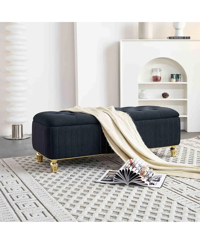 47.24" W Velvet Storage Ottoman Bench with Gold Embroidery, Modern Footstool for Living Room & Bedroom-The Pop Home