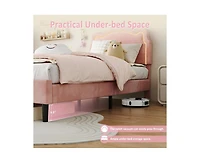 gaomon Twin Upholstered Smart Led Bed Frame with Adjustable Bear Headboard, Velvet Princess Platform Bed Frame for Kids/Girls, Wooden Slats Support, N