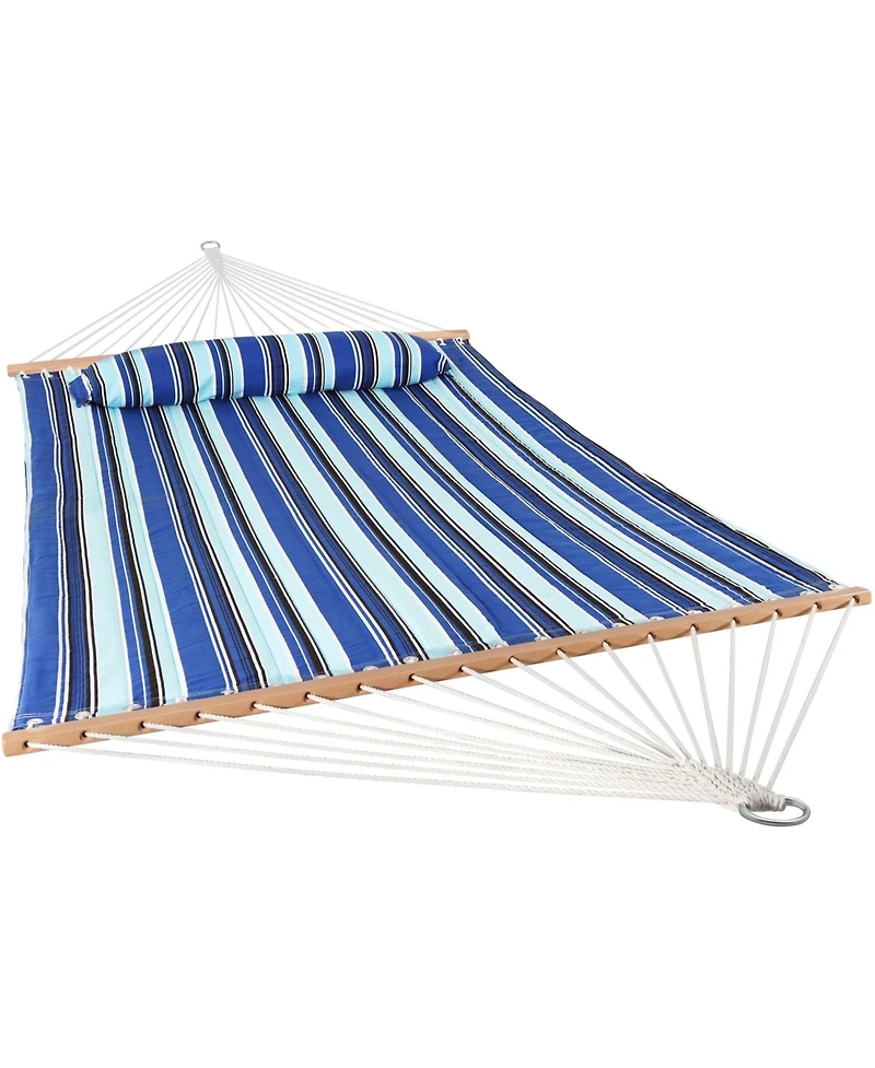 Outdoor 2-Person Double Polyester Quilted Hammock with Wood Spreader Bar and Matte Blue Steel Multi-Use Stand - Catalina Beach