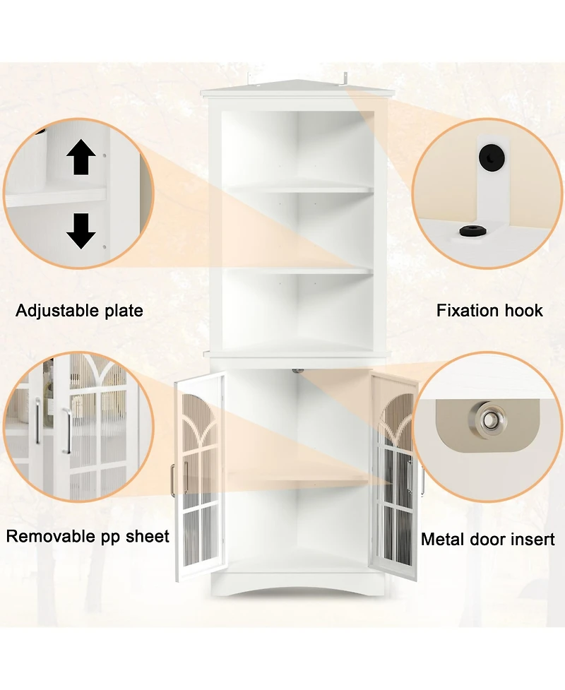 Mondawe 63.3inch White Corner Storage Cabinet Tall Freestanding Bookcase with Doors&Adjustable Shelves