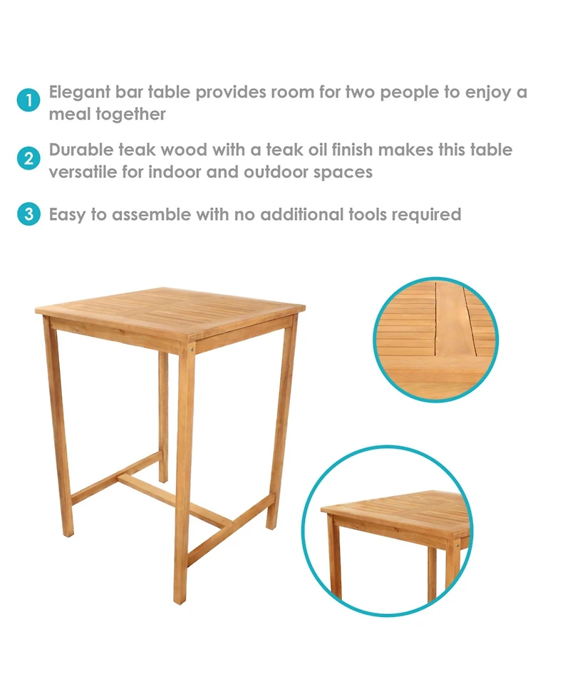 2-Person Solid Teak Wood Square Patio Bar Table - For Indoor or Outdoor Use - 31" Square x 43.5" H