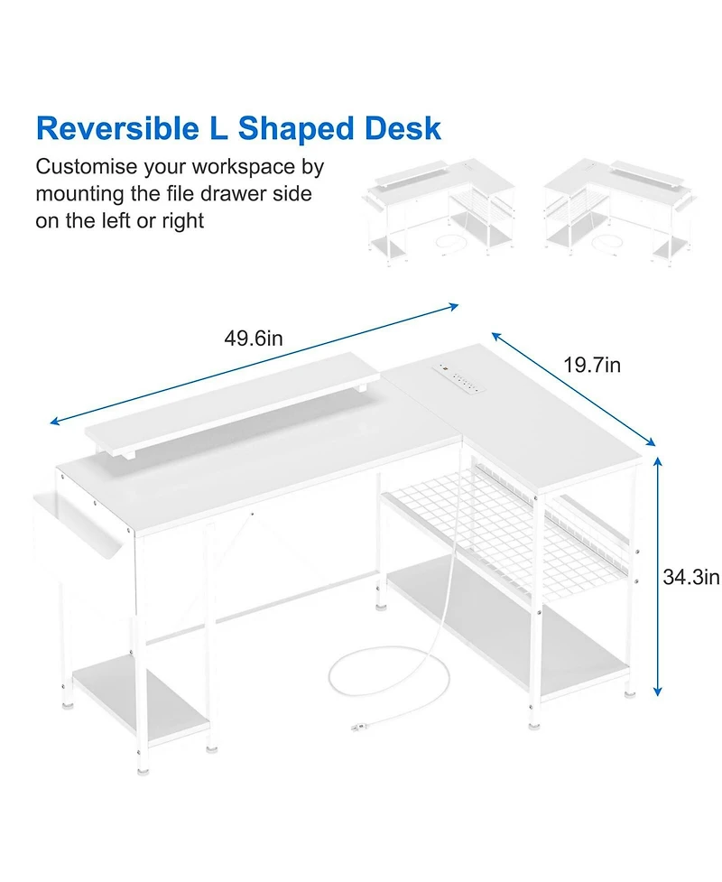 gaomon L Shaped Computer Desk with Power Outlets & Led Light