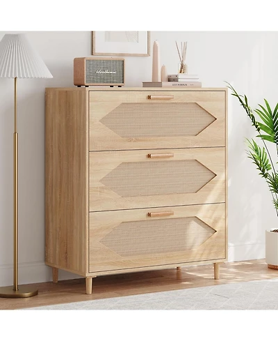 Dresser for Bedroom with 3 Drawers, Rattan Dresser with Spacious Storage, Modern Wooden Closet Dressers Chest of Drawers, Wood Nightstand for Bedroom,