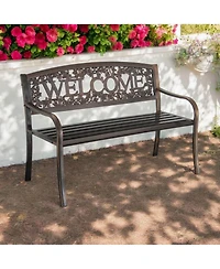 Floral Back Metal Patio Bench – Outdoor Weather-Resistant Garden Seat with Welcome Design