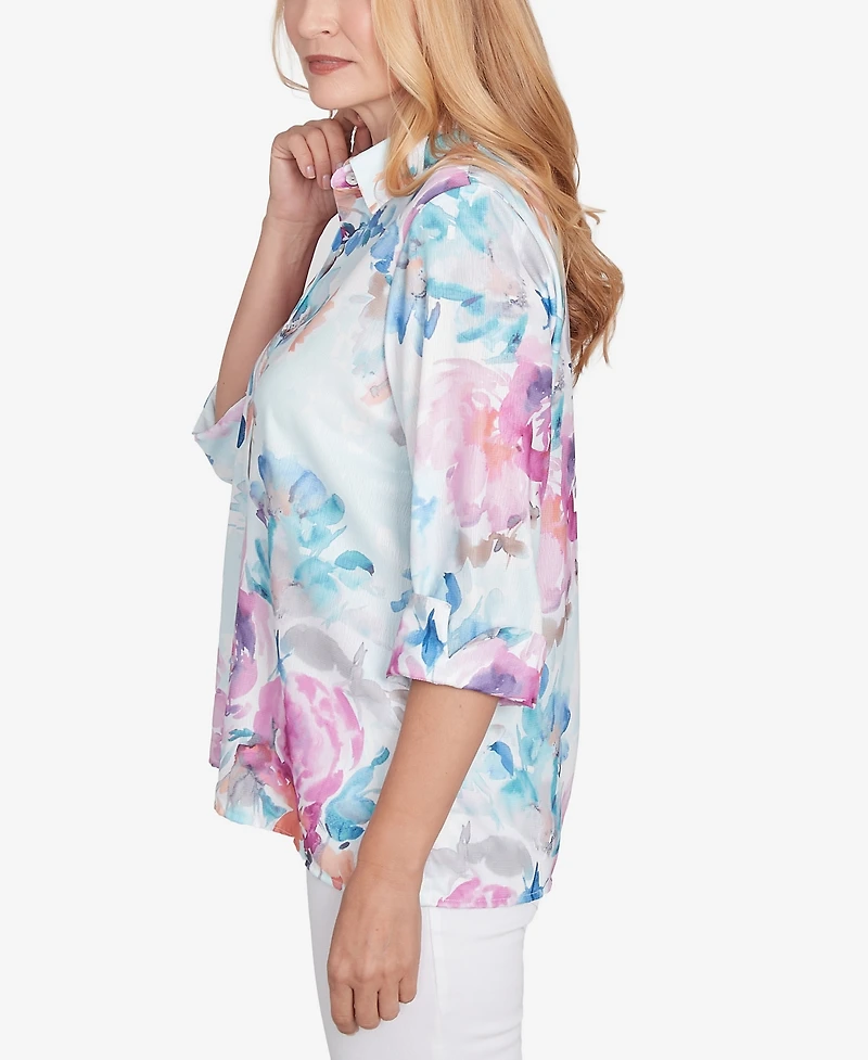 Alfred Dunner Women's Classic Floral Watercolor Button Down Top