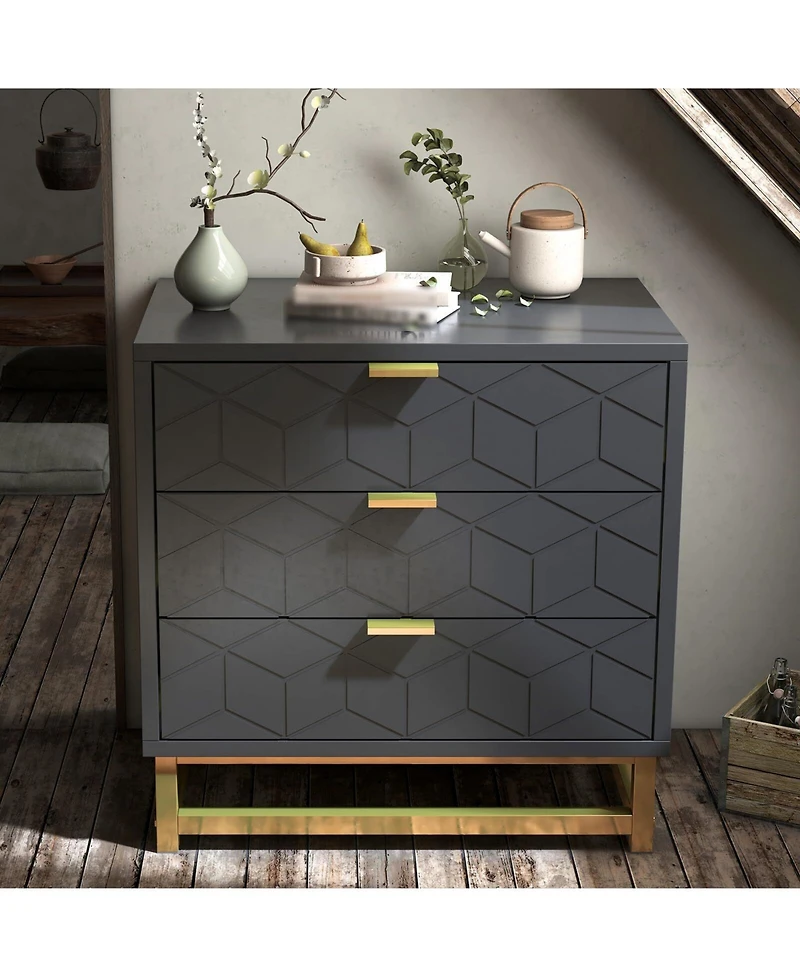 3 Drawer Dresser for Bedroom, Wood Chest of Drawers with Metal Legs, Modern Storage Dresser Chest Cabinet Organizer, Large Dresser for Hallway