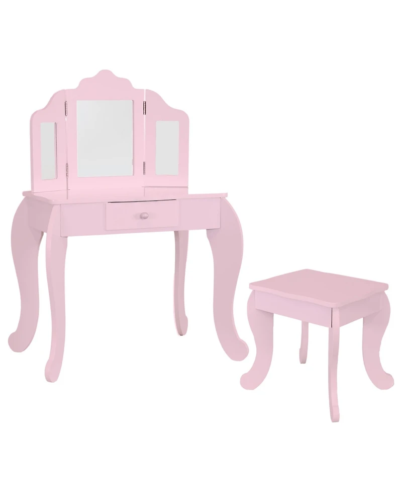 Beauty Bliss Mdf Kids' Vanity Table with Tri-Fold Mirror and Matching Stool - Pink