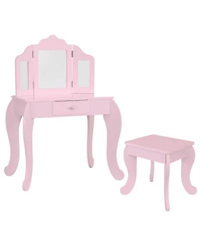 Beauty Bliss Mdf Kids' Vanity Table with Tri-Fold Mirror and Matching Stool - Pink