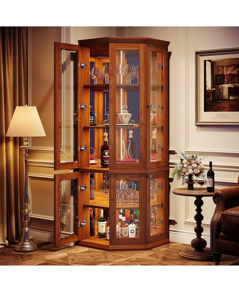 Tribesigns Corner Bar Cabinet, Tall Modern Wine Cabinet with Doors & Led Lights, 5-Tier Liquor Bar Cabinet, Home Bar Cabinet for Dining Room, Living R