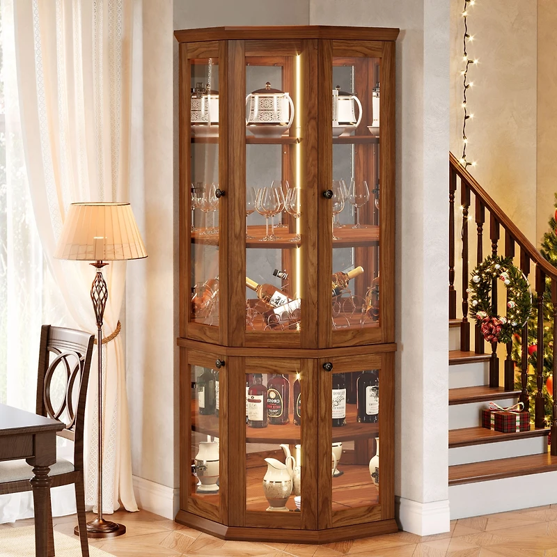 Tribesigns Corner Storage Cabinet, 71" Tall Corner Cabinet with Doors & Led Lights, 5-Tier Mid-Century Corner Display Cabinet for Living Room, Ki
