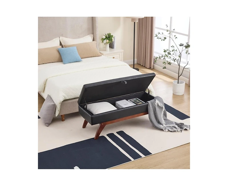 The Pop Home Faux Leather Storage Bench, Bed End Stool with Hidden Storage, Upholstered Ottoman Solid Wood Legs-The