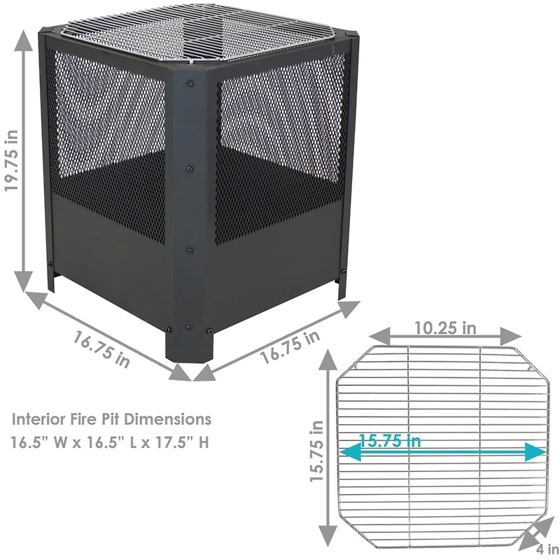 Outdoor Camping or Backyard Steel Square Grelha Fire Pit with Grilling Grate - 16" - Black