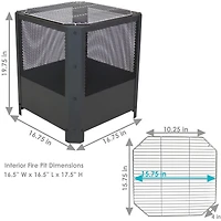 Outdoor Camping or Backyard Steel Square Grelha Fire Pit with Grilling Grate - 16" - Black