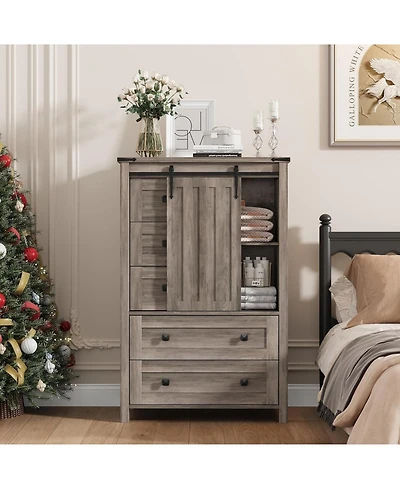 5 Drawer Dresser, Farmhouse Wooden Chest of Drawers with Sliding Barn Door, Adjustable Shelf, Tall Antique Dresser, Storge Cabinet for Bedroom