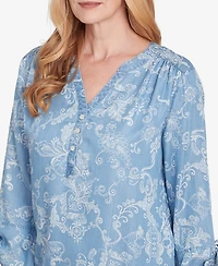 Alfred Dunner Petite Classics Super Soft Scroll V-Neck Henley Top