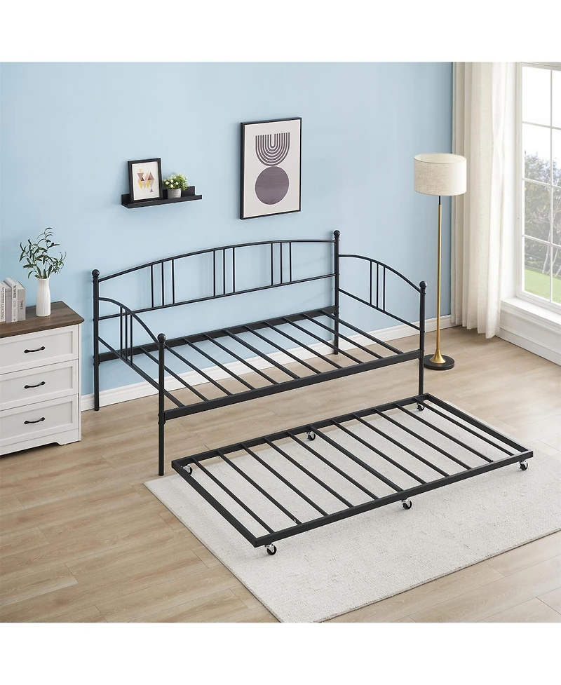 gaomon Twin Daybed with Trundle, Metal Twin Size Daybed with Pullout Trundle 6 Casters