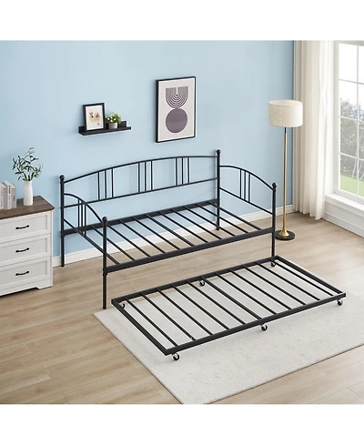 gaomon Twin Daybed with Trundle, Metal Twin Size Daybed with Pullout Trundle 6 Casters