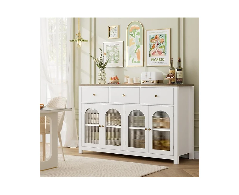 gaomon Buffet Cabinet with Storage, 55.1" Large Sideboard Buffet Cabinet, Farmhouse Kitchen Cabinet Display Cabinet with 3 Drawers and 4 Doors, Wood C
