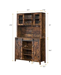 gaomon 70" Farmhouse Bar Wine Cabinet with Sliding Barn Doors, Coffee Liquor Cabinets with Storage Shelves and Glasses Rack for Kitchen