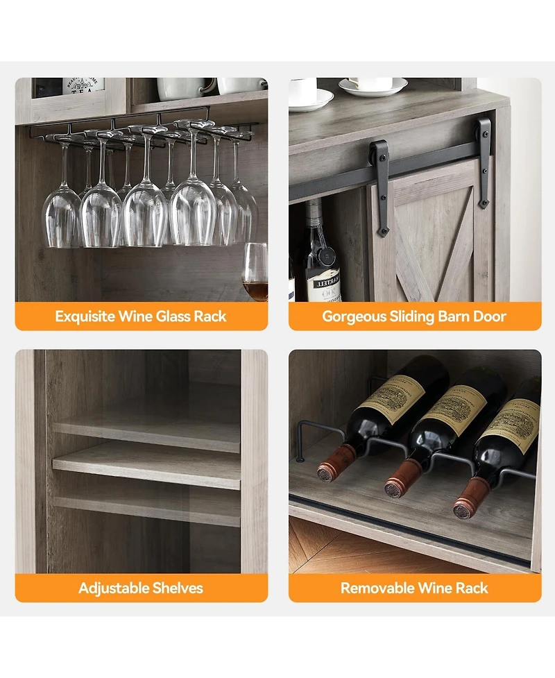 gaomon 70" Farmhouse Bar Wine Cabinet with Sliding Barn Doors, Coffee Liquor Cabinets with Storage Shelves and Glasses Rack for Kitchen