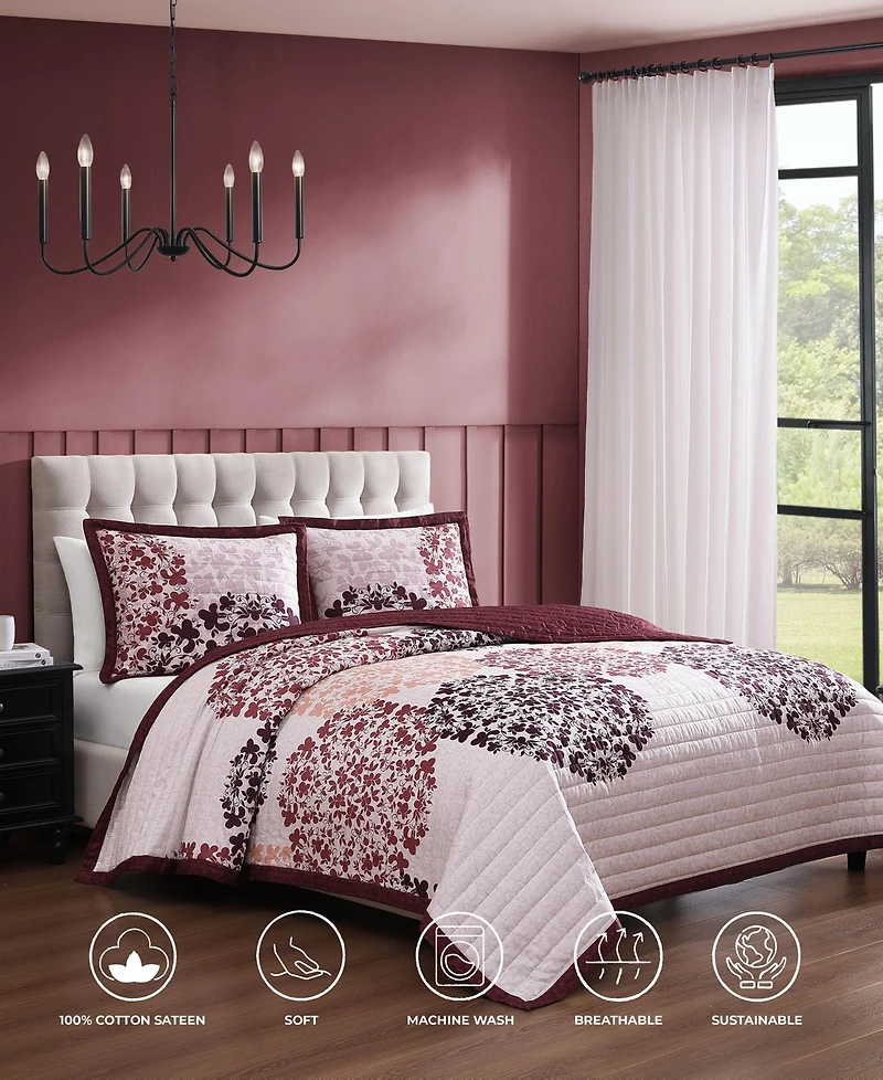 Bebejan Rosewood Harmony 100% Cotton Sateen 3 Piece Reversible Queen Size Quilted Coverlet Set
