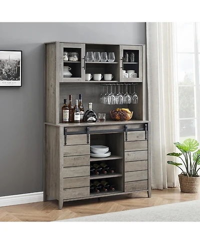 gaomon 70'' Tall Farmhouse Coffee Bar Cabinet, Kitchen Hutch Storage with Sliding Barn Door, Kitchen Buffet with Wine Rack, Glass Holder, Wine Bar Cab