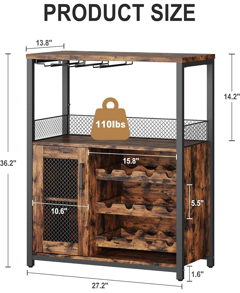 gaomon Wine Bar Cabinet with Led Light 36''H Coffee Bar Cabinet with Detachable Wine Rack and Glass Holder Kitchen Buffet Sideboard w/Storage Shelf Fr