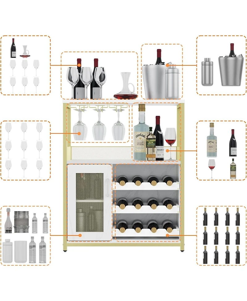 gaomon Wine Bar Cabinet with Led Light 36''H Coffee Bar Cabinet with Detachable Wine Rack and Glass Holder Kitchen Buffet Sideboard w/Storage Shelf Fr