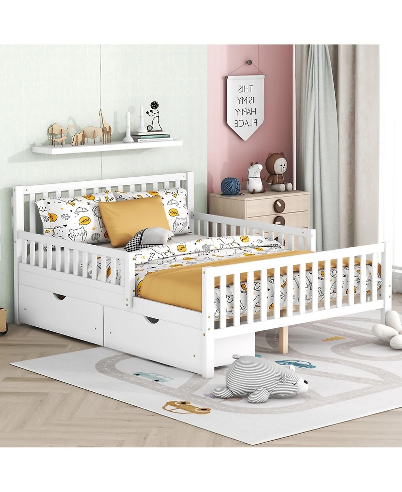 Wood Platform Bed with Guardrails on Both Sides and Two Storage Drawers