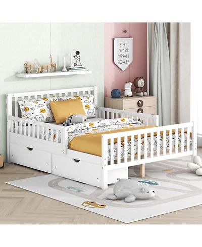 Wood Platform Bed with Guardrails on Both Sides and Two Storage Drawers