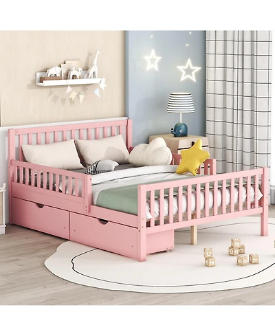 Wood Platform Bed with Guardrails on Both Sides and Two Storage Drawers