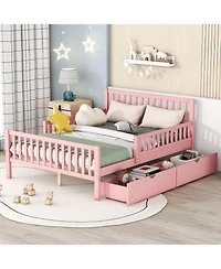 Wood Platform Bed with Guardrails on Both Sides and Two Storage Drawers