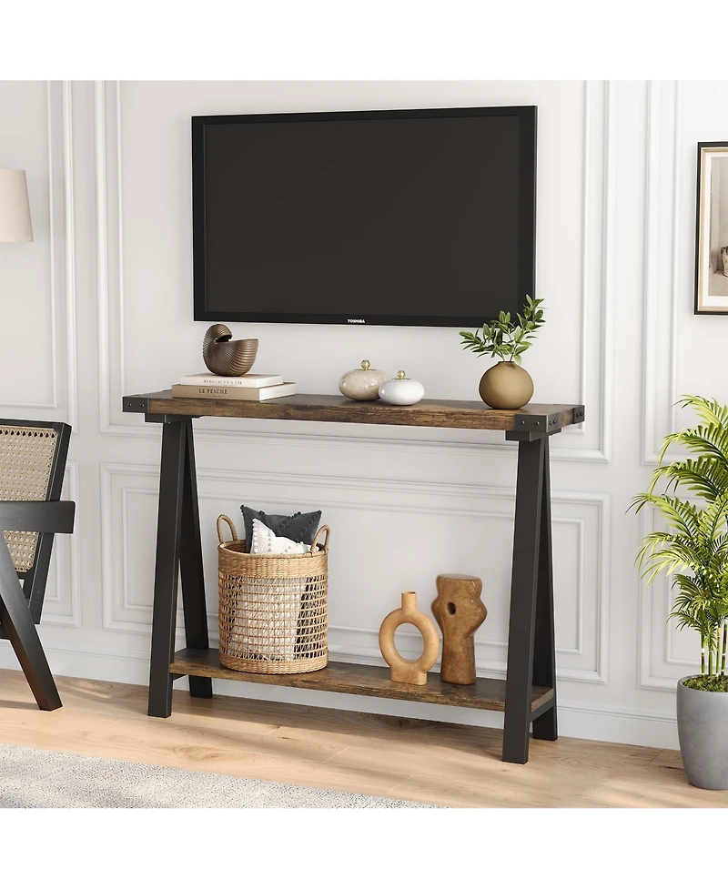 gaomon Farmhouse Entryway Table, Narrow Sofa Table with Open Storage Shelf, Metal Frame Skinny Console Table with V-Shaped Leg Design