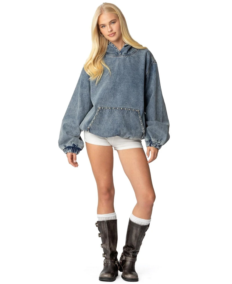 Edikted Womens Marney Oversized Studded Denim Hoodie