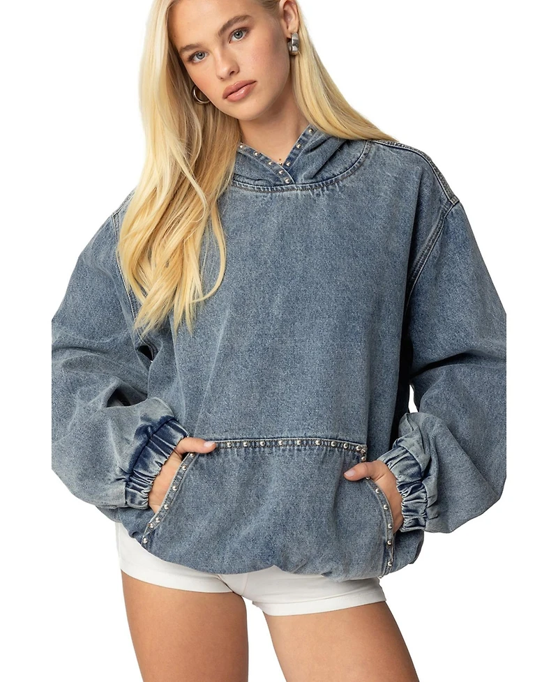 Edikted Womens Marney Oversized Studded Denim Hoodie