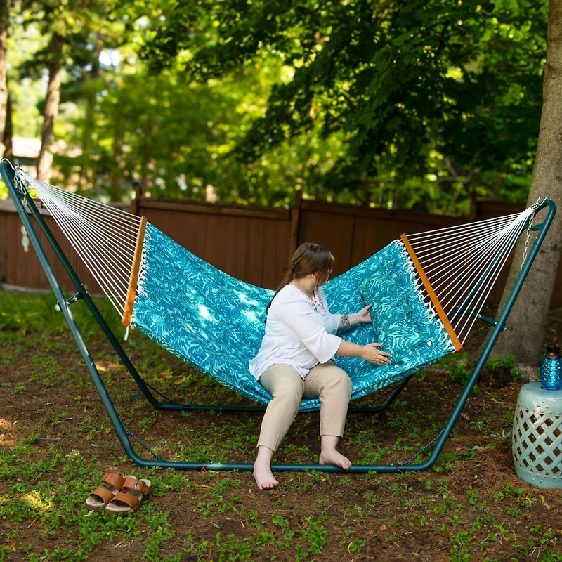 2-Person Quilted Printed Fabric Spreader Bar Hammock/Pillow with S Hooks and Hanging Chains - 450 lb Weight Capacity