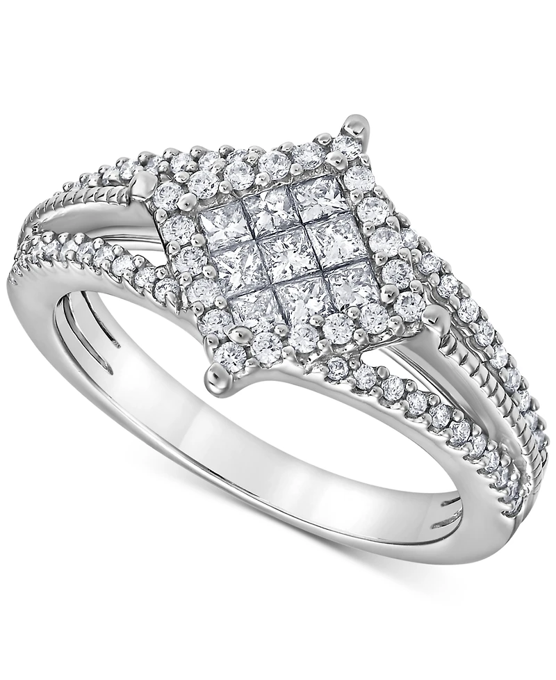 Diamond Princess & Round Halo Cluster Split Shank Ring (5/8 ct. t.w.) in 14k White Gold