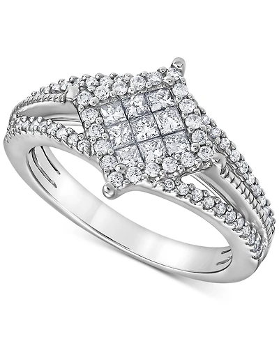 Diamond Princess & Round Halo Cluster Split Shank Ring (5/8 ct. t.w.) in 14k White Gold