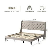 gaomon Upholstered Platform Bed Frame, Bed Frame with Charging Station, Storage Shelf and Usb Ports, Luxurious Linen Upholstery Platform Bed with Wing